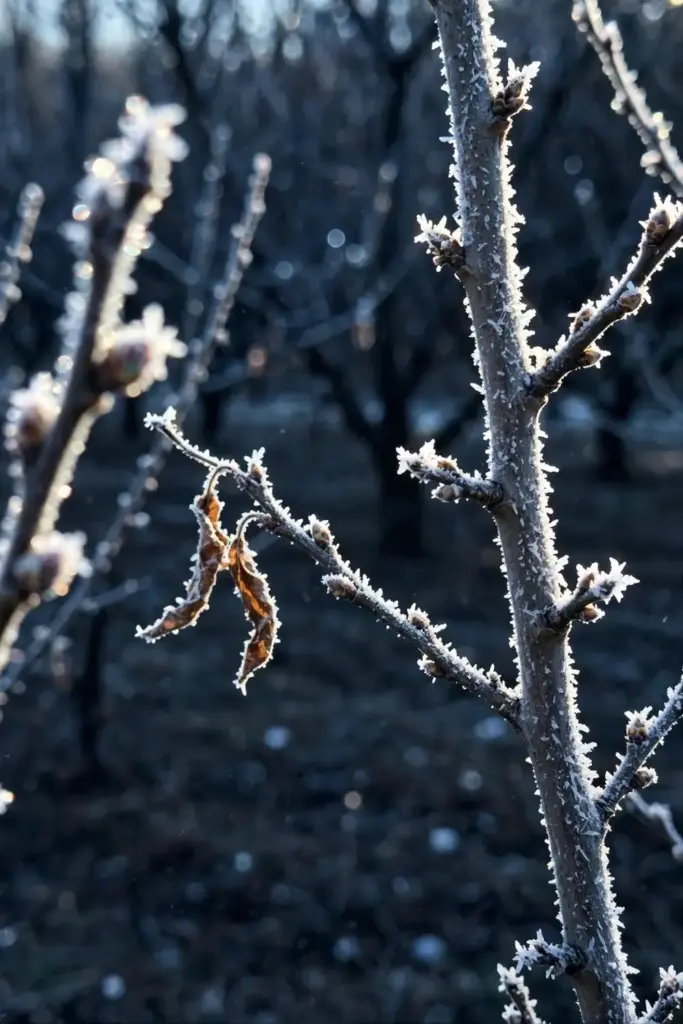 Frost crystals coating dormant plum branches in early winter morning