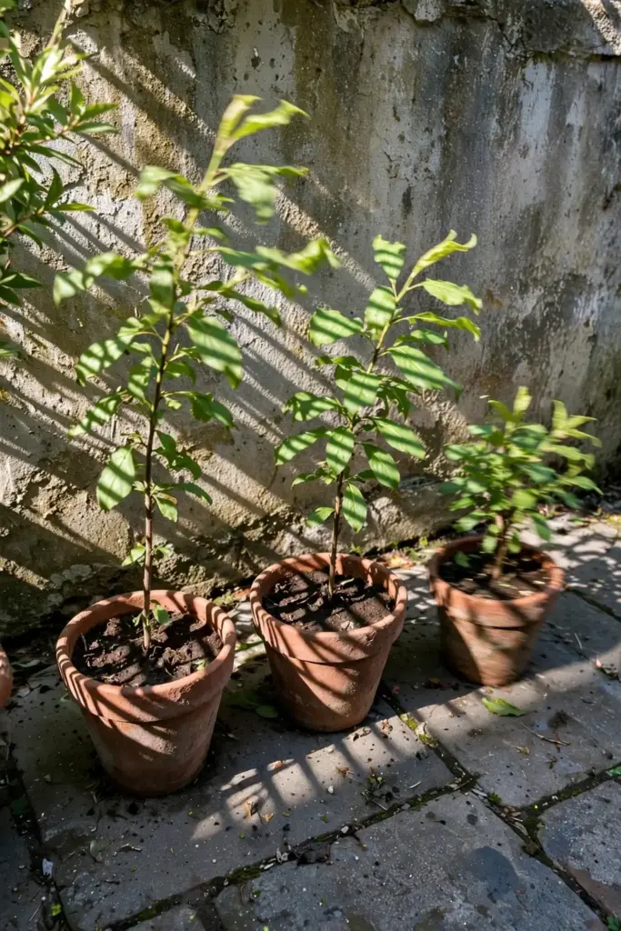 Potted plum seedlings lined up in morning sun against a garden wall