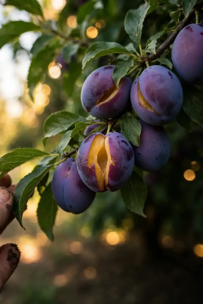 Ripe purple plums being picked from the branch in a home garden