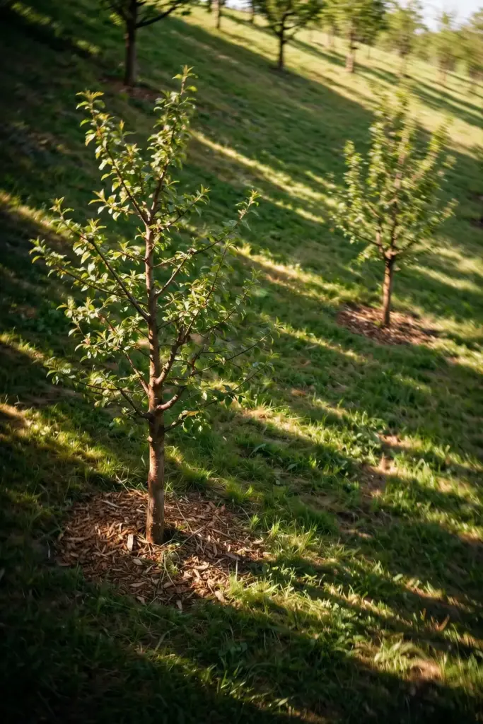 Plum trees spaced wide in a sunny backyard orchard row