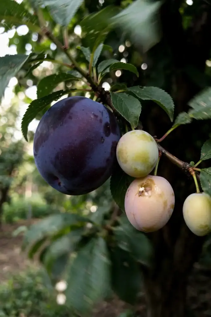 Large purple plum beside smaller seedling plums on a branch