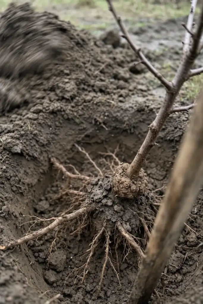 Young plum tree being planted with graft union above the soil line