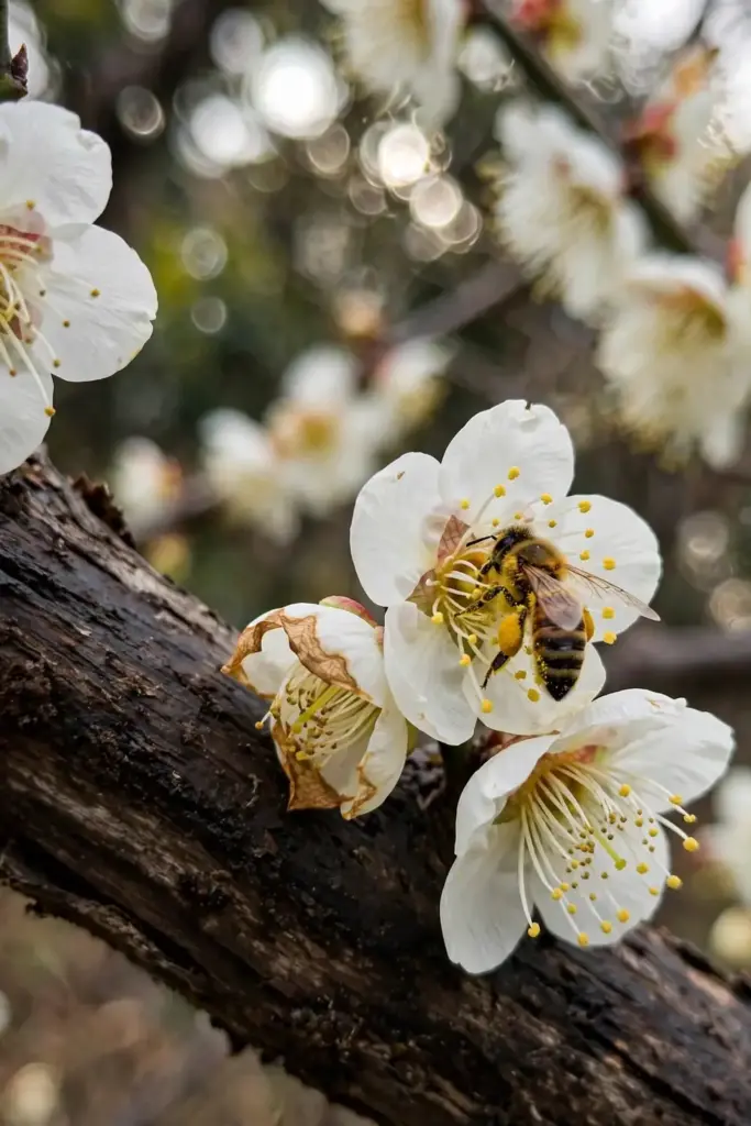 White plum blossoms with a honeybee visiting the flowers