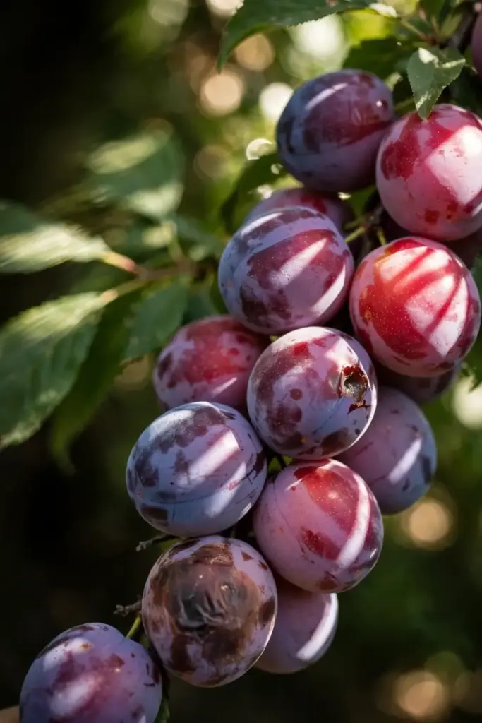 Ripe red and purple plums clustered on a sunlit branch