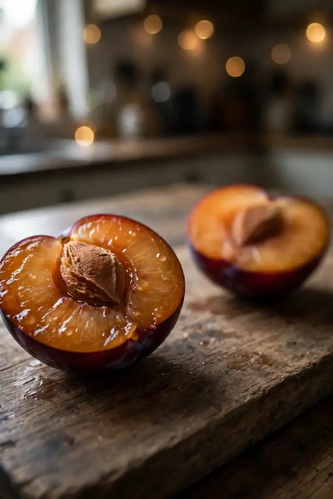 Halved ripe plum showing the hard pit stone inside the flesh
