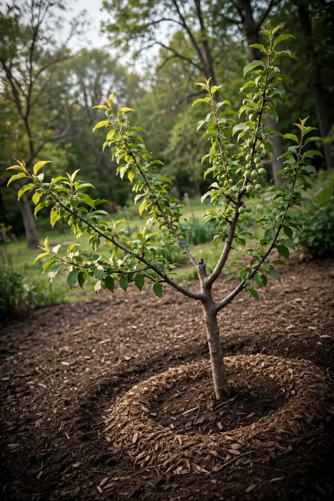 Three-year-old plum sapling with strong branches in a garden bed