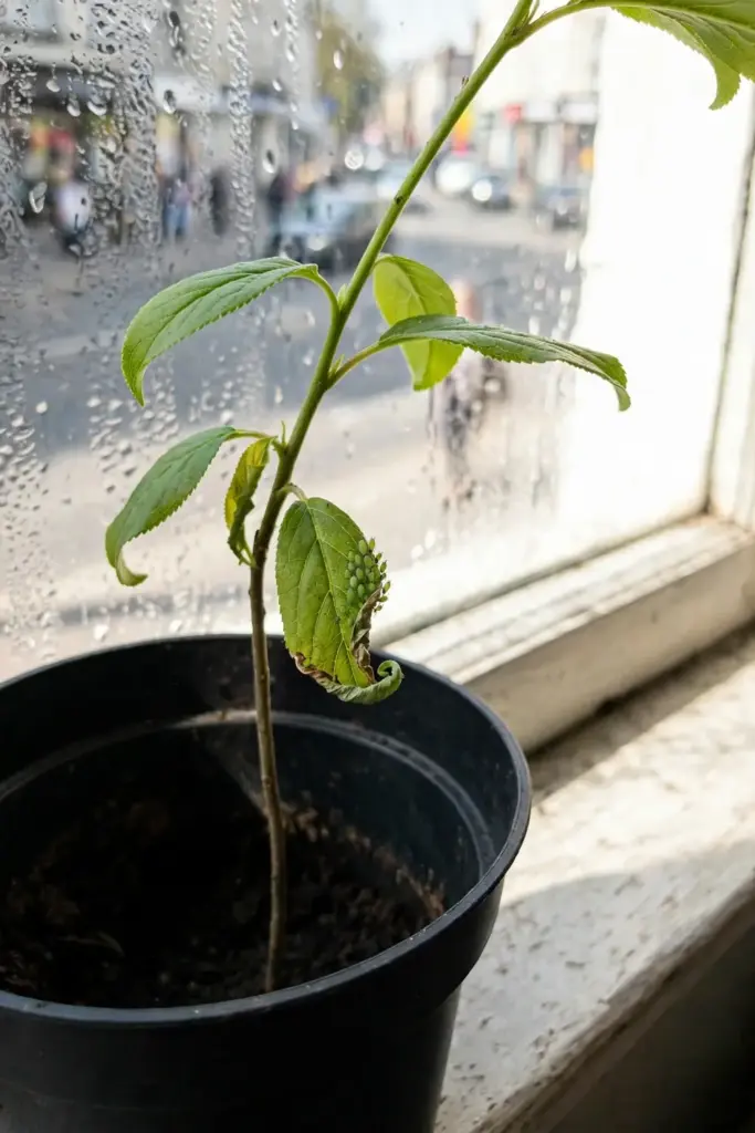 Young plum seedling with green leaves growing in a pot on a windowsill
