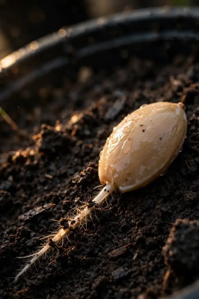 Plum seed with white root tip pressed into dark potting soil