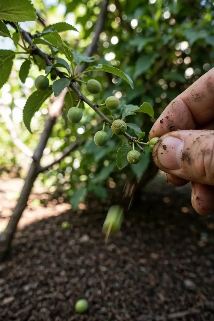 Soil-smudged hand thinning crowded green plum fruitlets on a branch