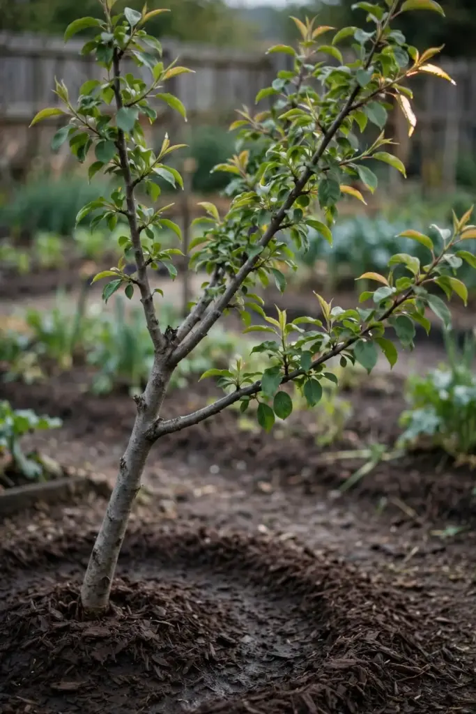 Young plum tree with slender trunk in a tidy mulched planting bed