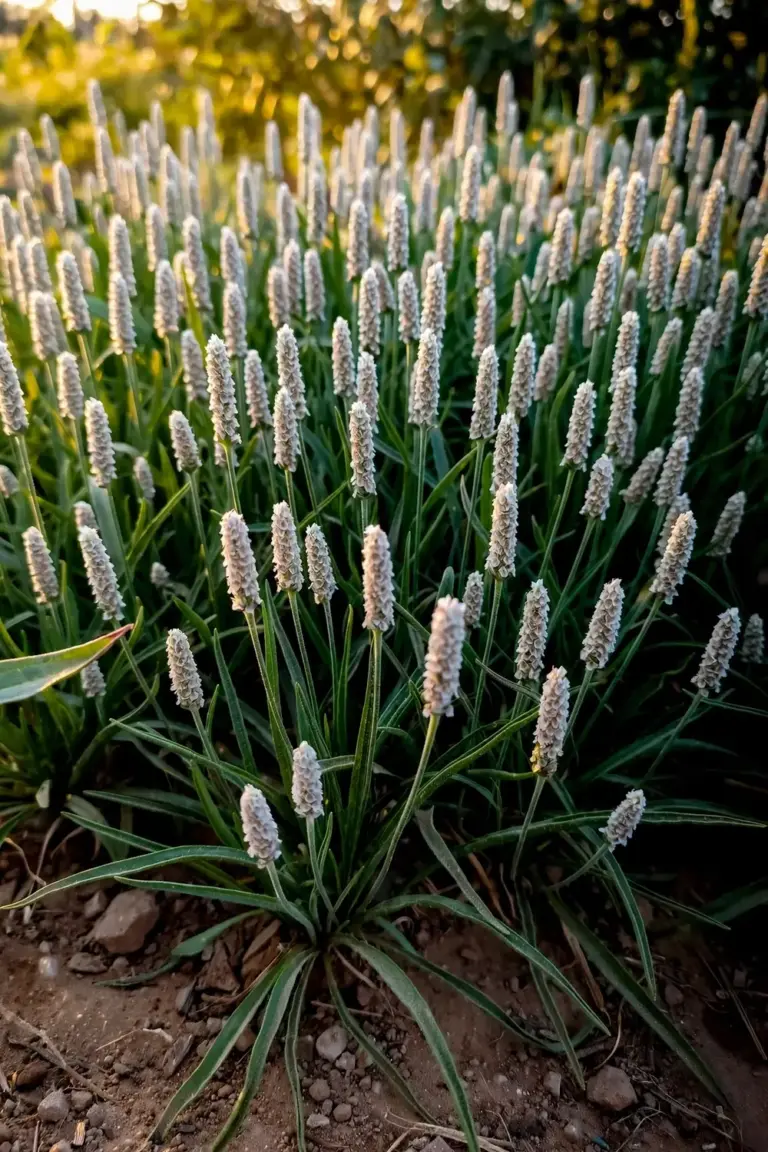 Mature isabgol plants with white flower spikes in a home garden bed