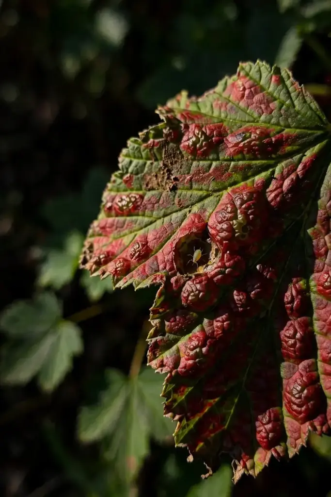 Close-up of red currant leaf puckered by blister aphids