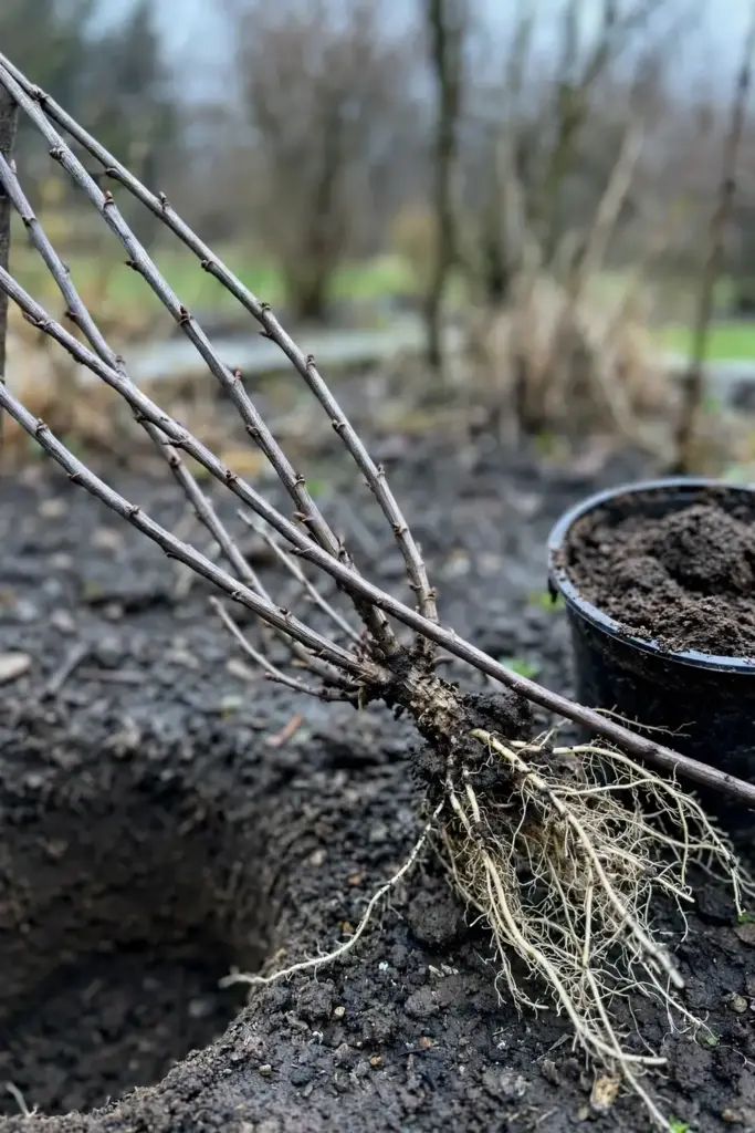 Bare-root red currant plants with winter stems ready for planting