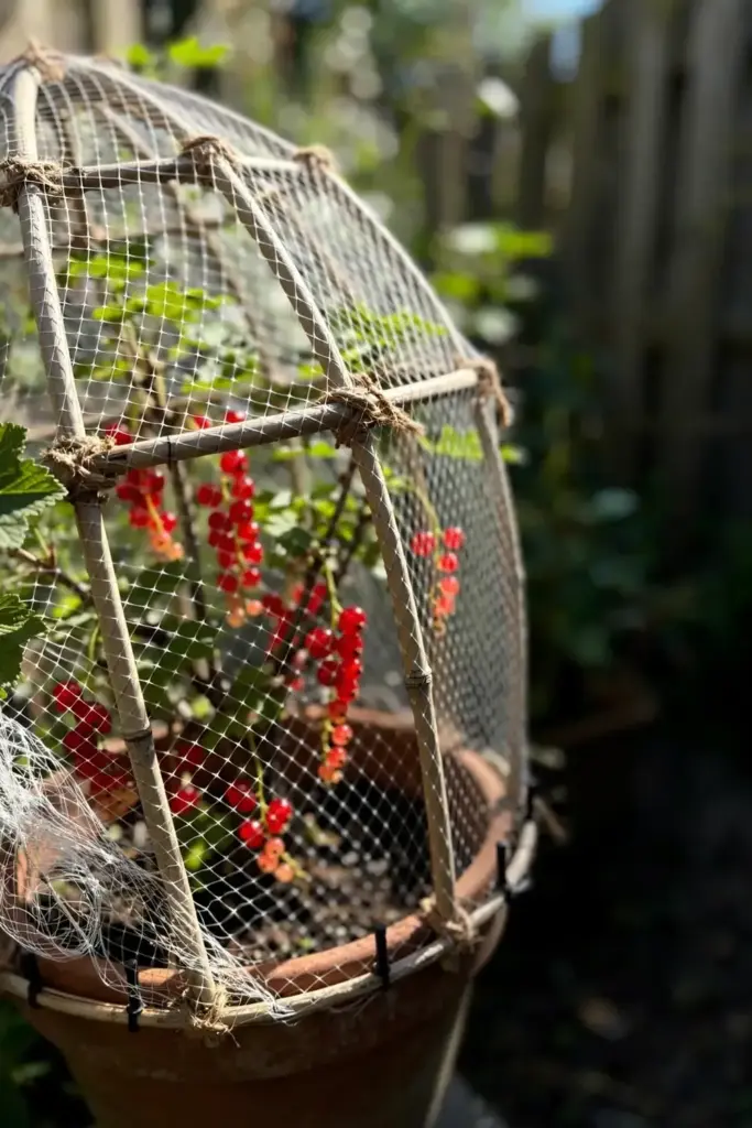 Bird netting draped over a frame above a potted red currant