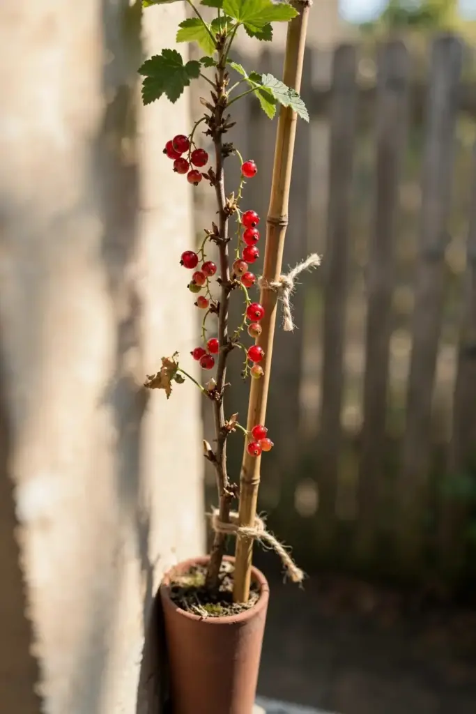Cordon-trained red currant growing upright in a narrow pot
