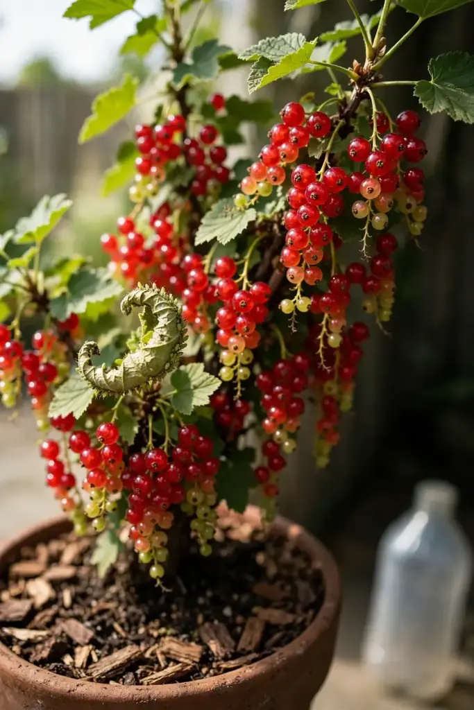 Tomato feed bottle beside a fruiting potted red currant