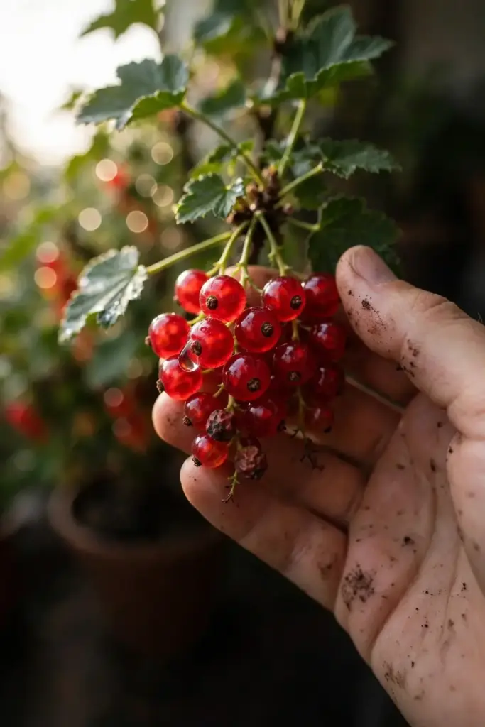 Hand holding a cluster of ripe red currant strigs at harvest