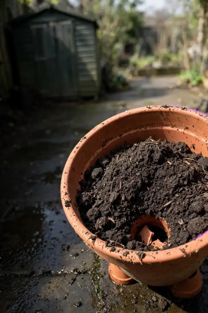 Large terracotta pot being filled with dark soil-based compost