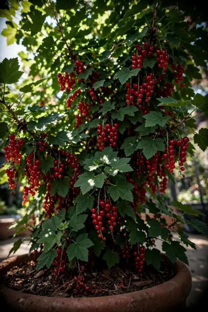 Mature red currant bush heavy with fruit in a large patio pot