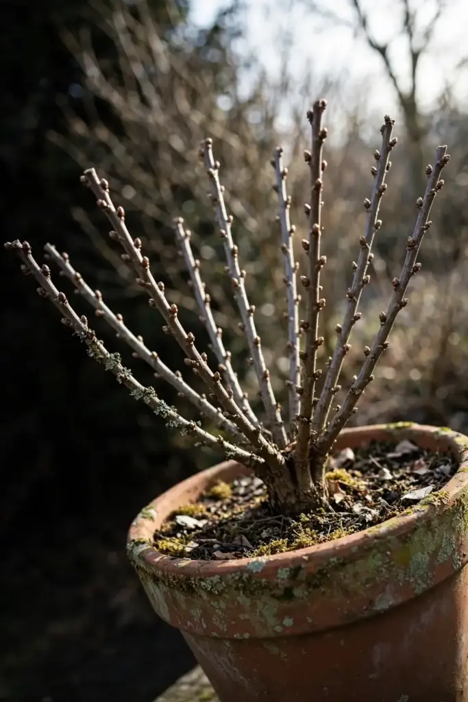 Bare winter red currant bush showing an open goblet framework