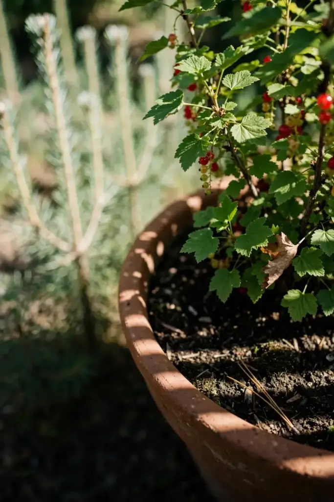 Potted red currant with young white pine saplings blurred behind
