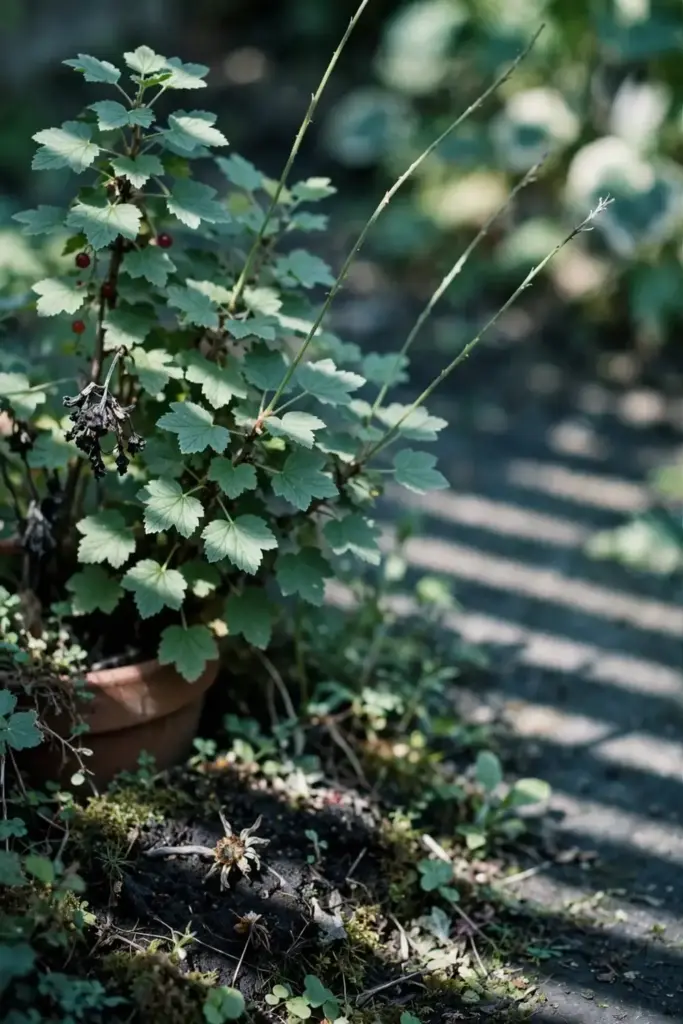 Potted red currant with sparse berries under dappled light