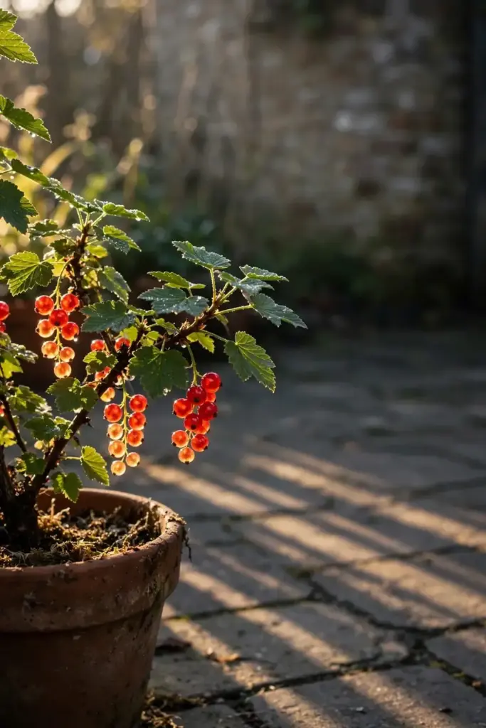 Potted red currant catching morning sun beside a garden wall