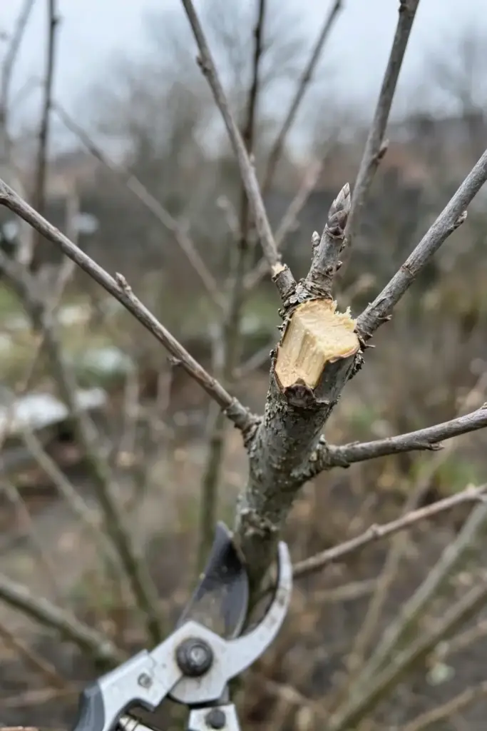 Pruning shears cutting an old gray stem on a dormant red currant