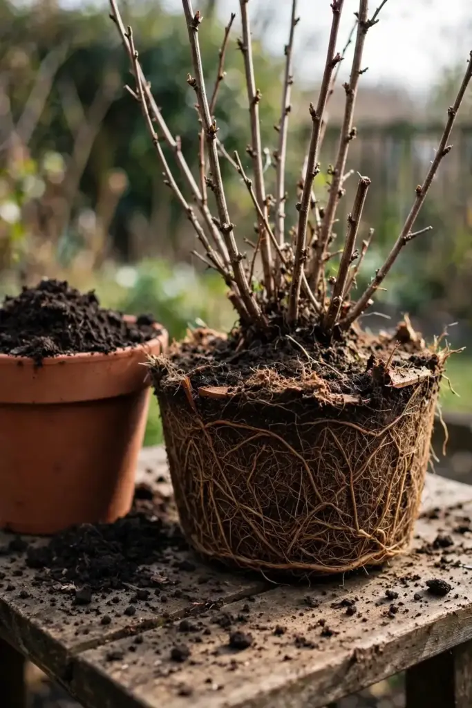 Red currant root ball lifted from its pot during repotting