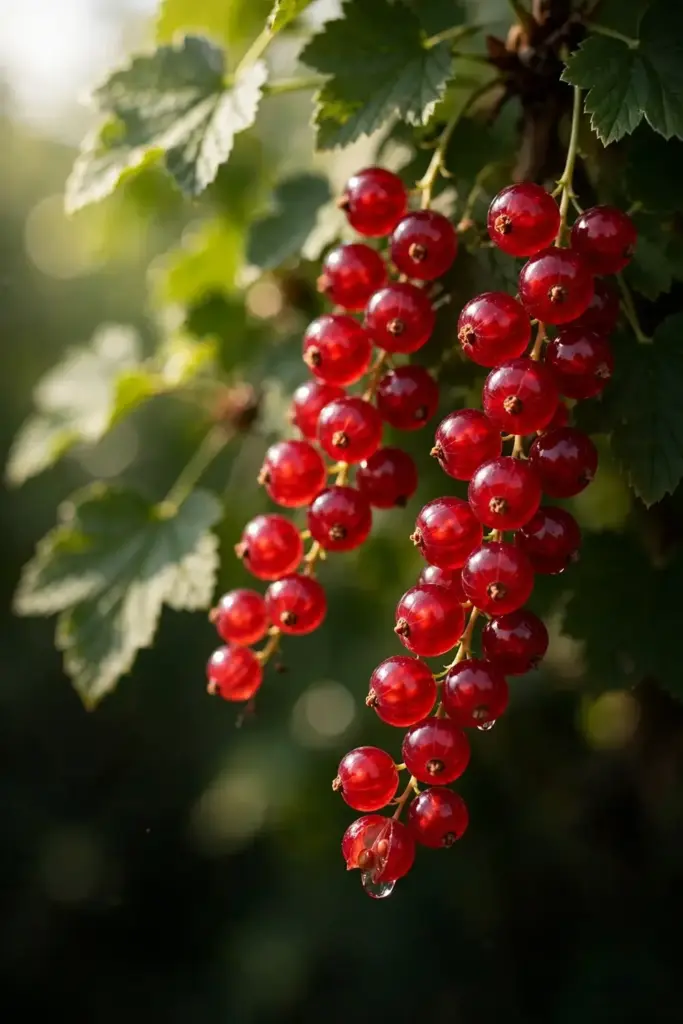 Close-up of ripe red currant strigs hanging from the bush