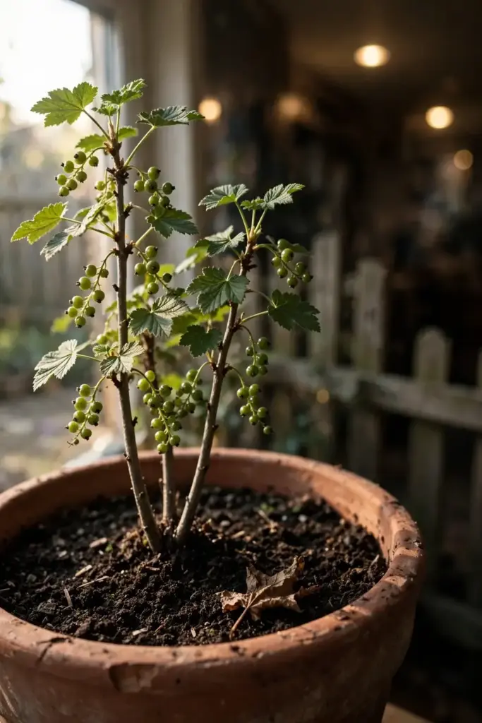 Young red currant bush in a 45 cm pot on a shaded patio