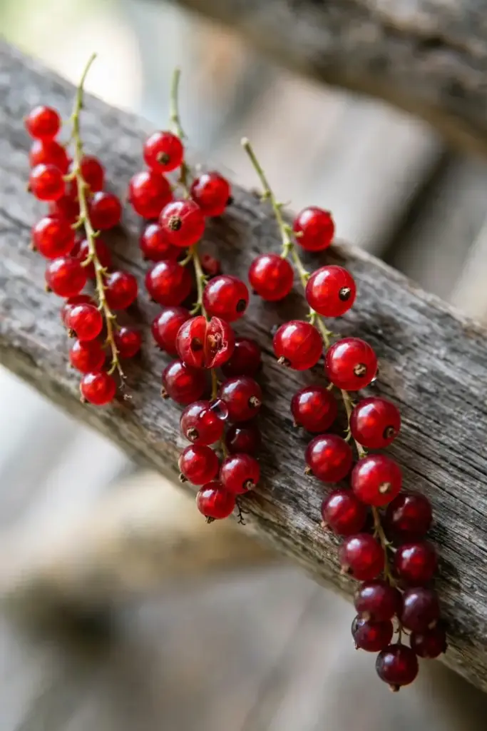 Three red currant strigs of different varieties side by side