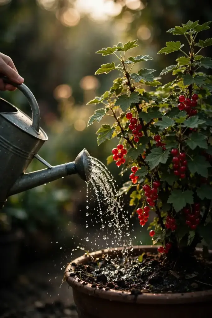 Watering can pouring over a potted red currant bush