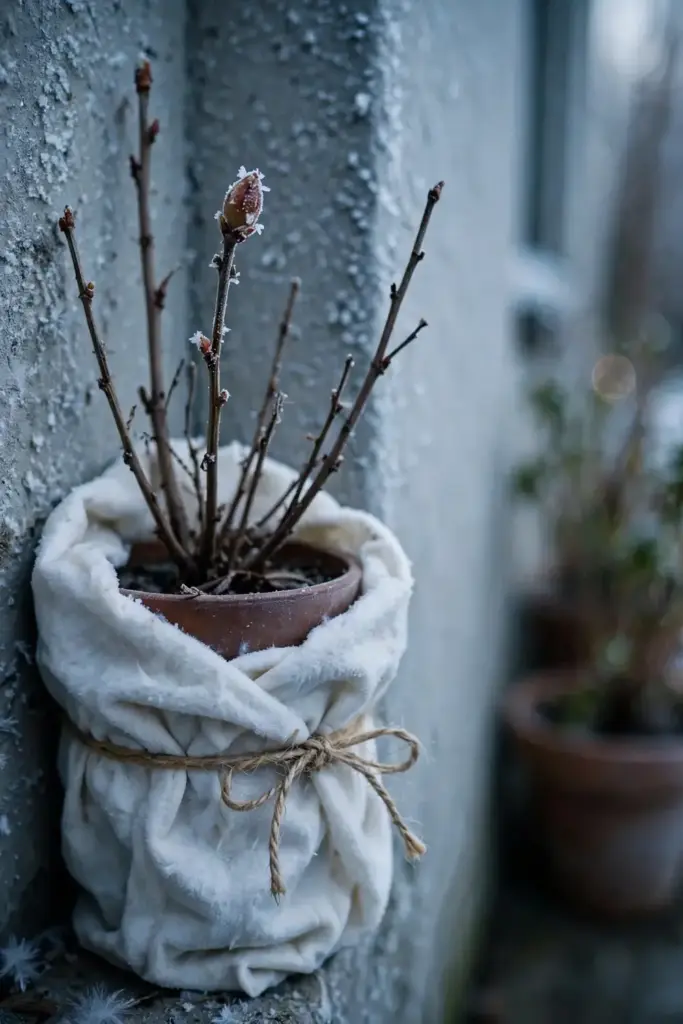 Potted red currant wrapped in fleece against a sheltered wall