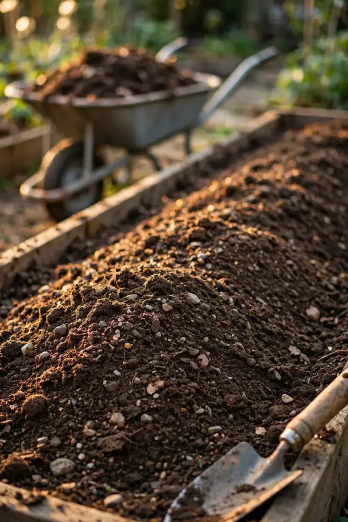Raised garden bed with compost being worked into loamy soil