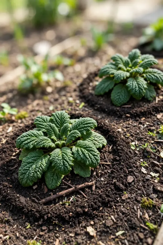 Thin compost top-dress spread around rehmannia plants in spring