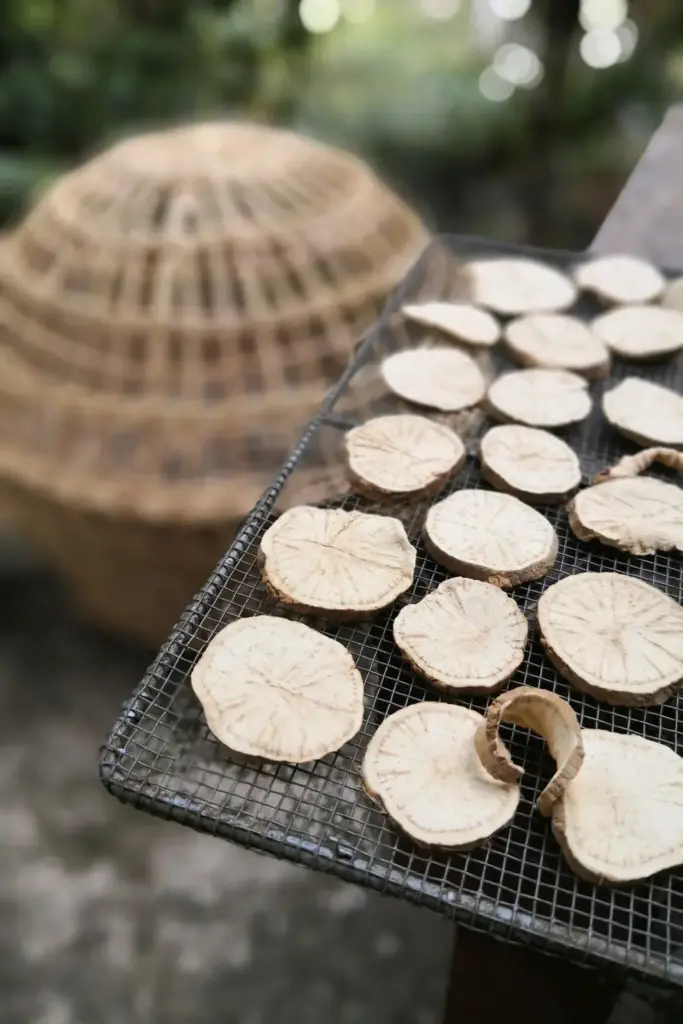 Sliced rehmannia roots drying on a rack in shade