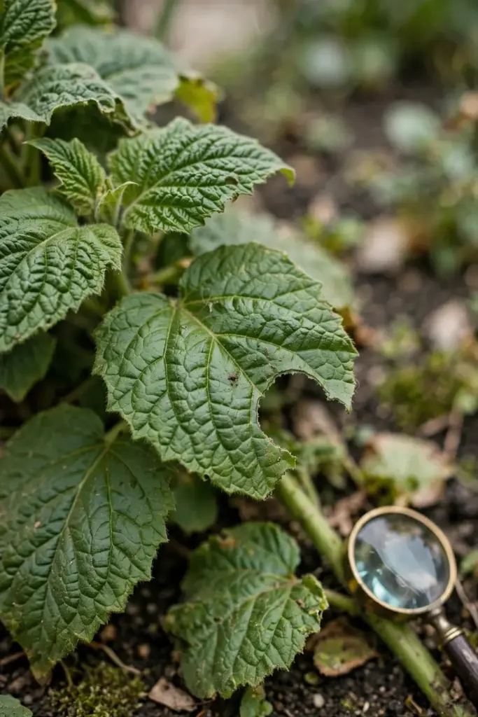 Close inspection of healthy rehmannia leaves for pests