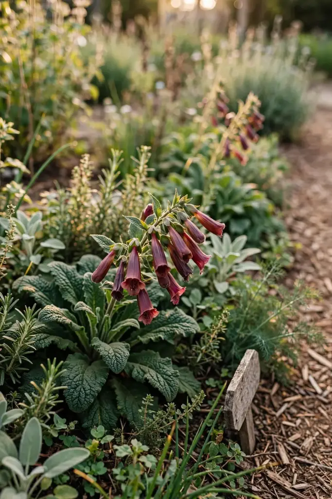 Established rehmannia border in flower beside companion herbs