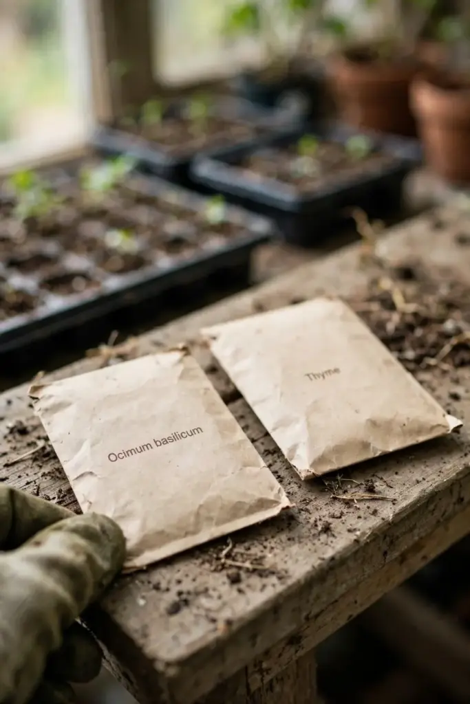 Two herb seed packets compared, one labeled with Latin name