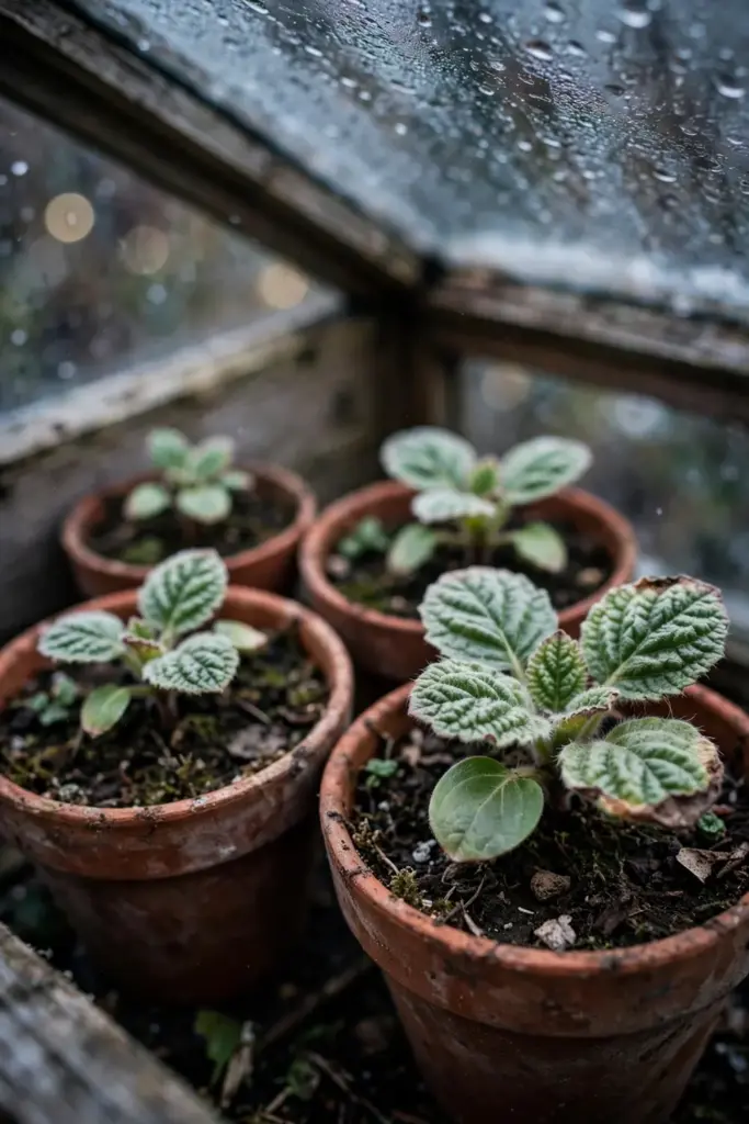 Young rehmannia seedlings in pots inside a cold frame