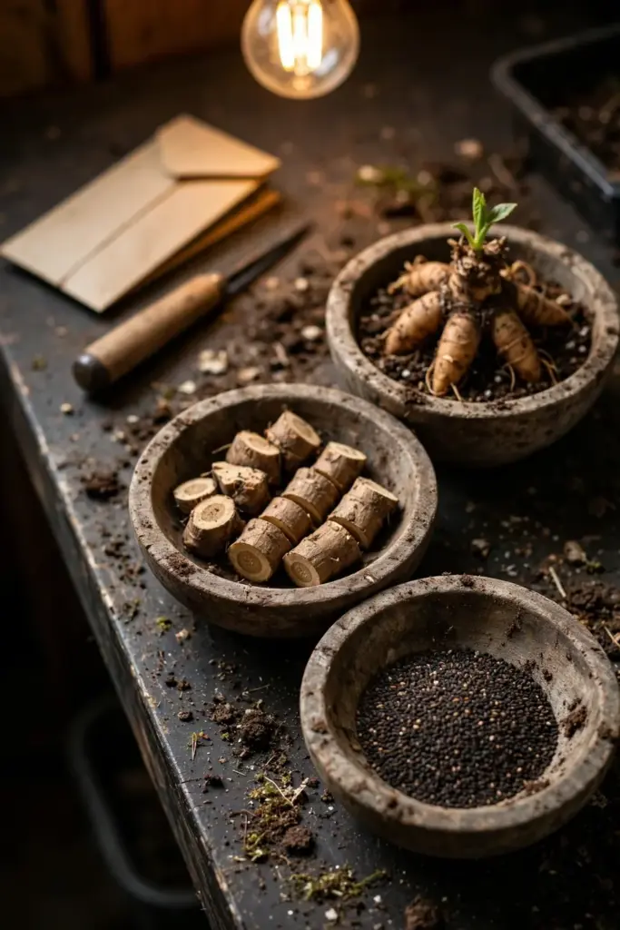 Rehmannia seeds, root cuttings, and a divided crown side by side