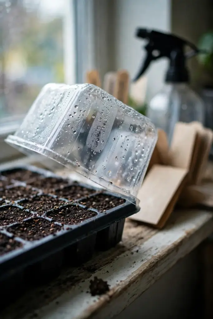 Seed tray with fine mix under a humidity dome near a window