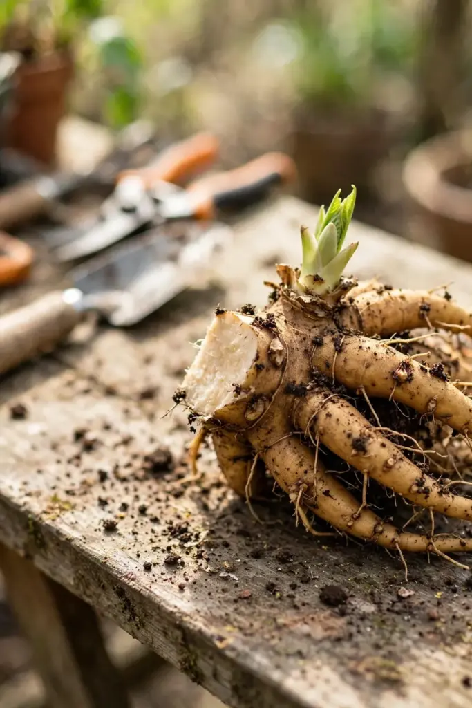 Rehmannia root crown being divided in spring with visible buds