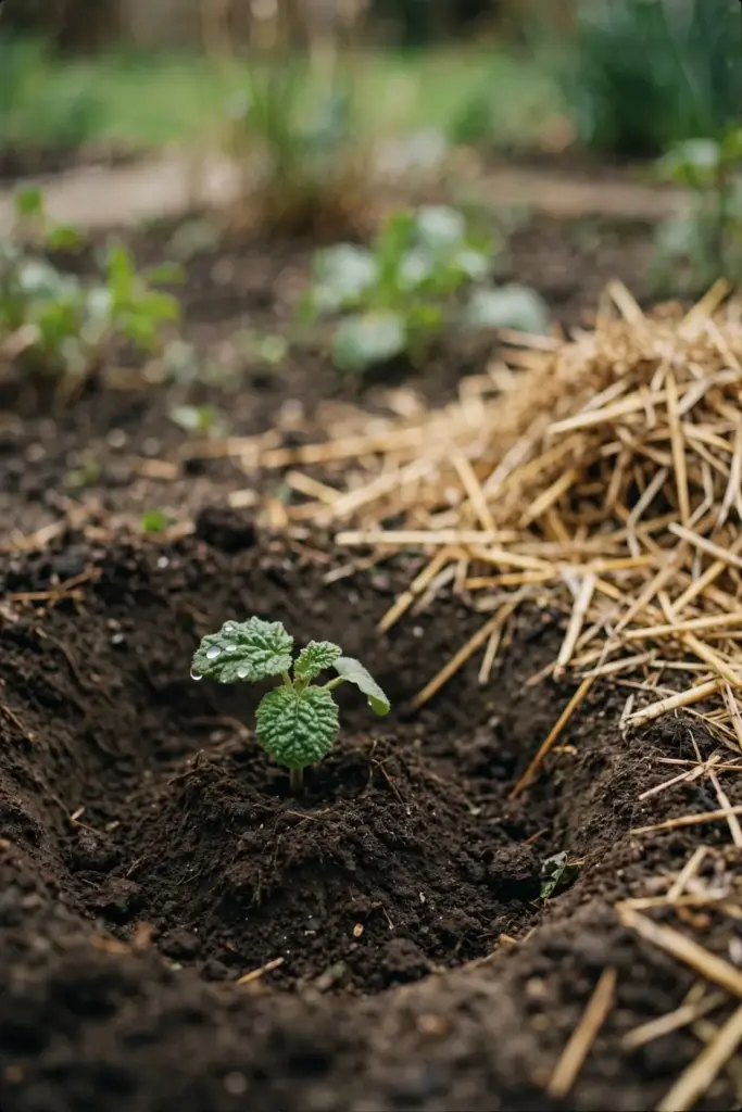 Rehmannia seedling being set into garden soil at proper depth