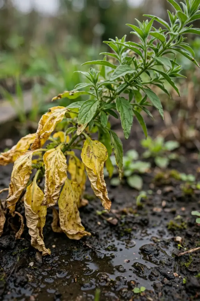 Rehmannia plant with yellowing lower leaves signaling drainage trouble