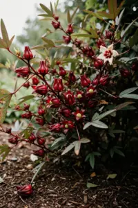 Roselle shrub heavy with glossy red calyces in a home garden