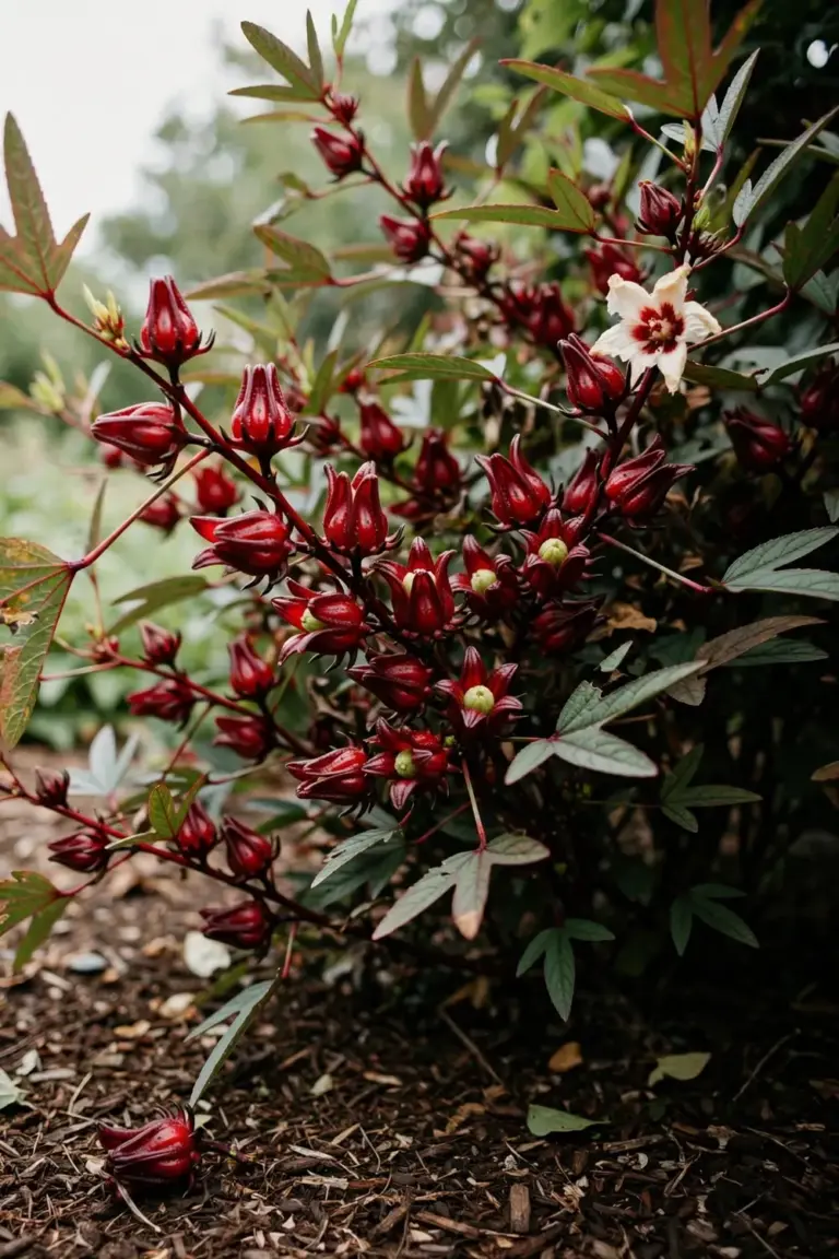 Roselle shrub heavy with glossy red calyces in a home garden