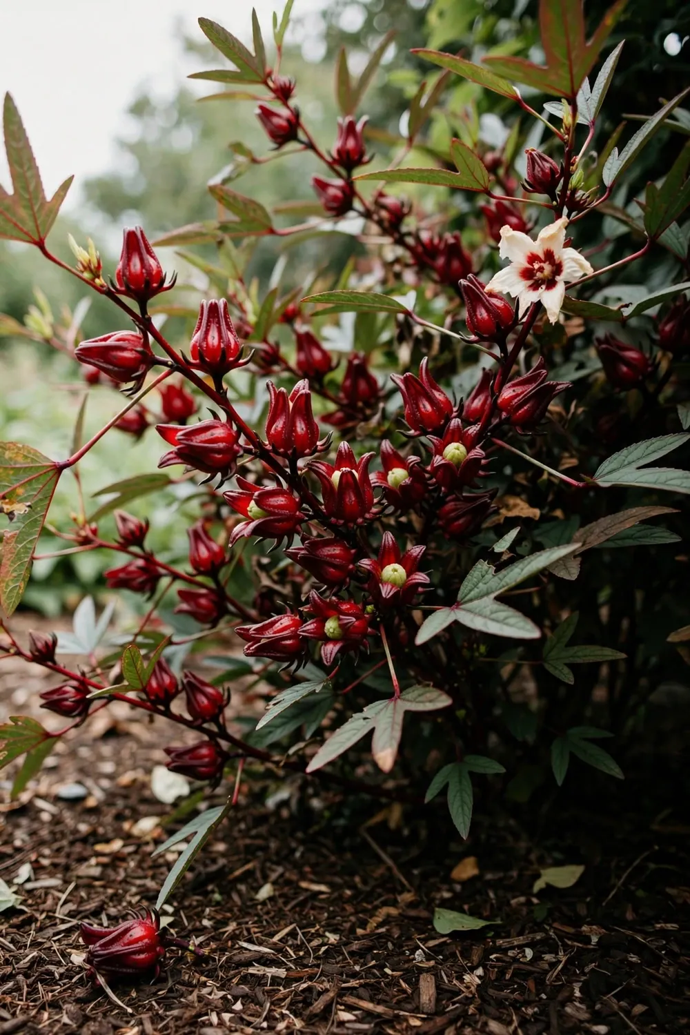 Roselle shrub heavy with glossy red calyces in a home garden