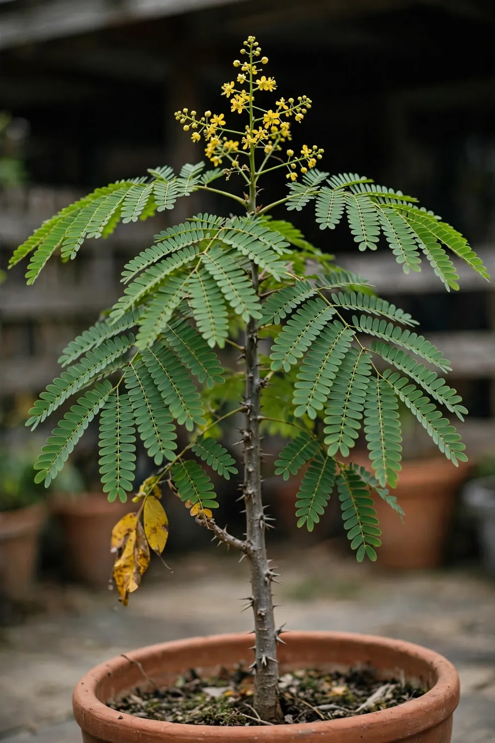 Young sappanwood tree with twice-divided leaves and yellow flowers in a terracotta pot